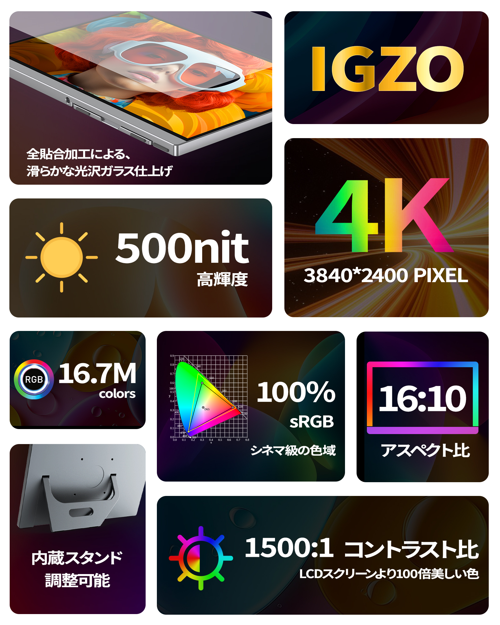 Miuniu モバイルモニター 13.4インチ 4K 3840×2400 タッチパネル 16:10